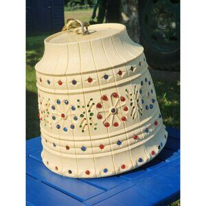 Vintage Lawnware Cream Hanging Light Fixture‎ Multicolor Gem Accents Gold Chain